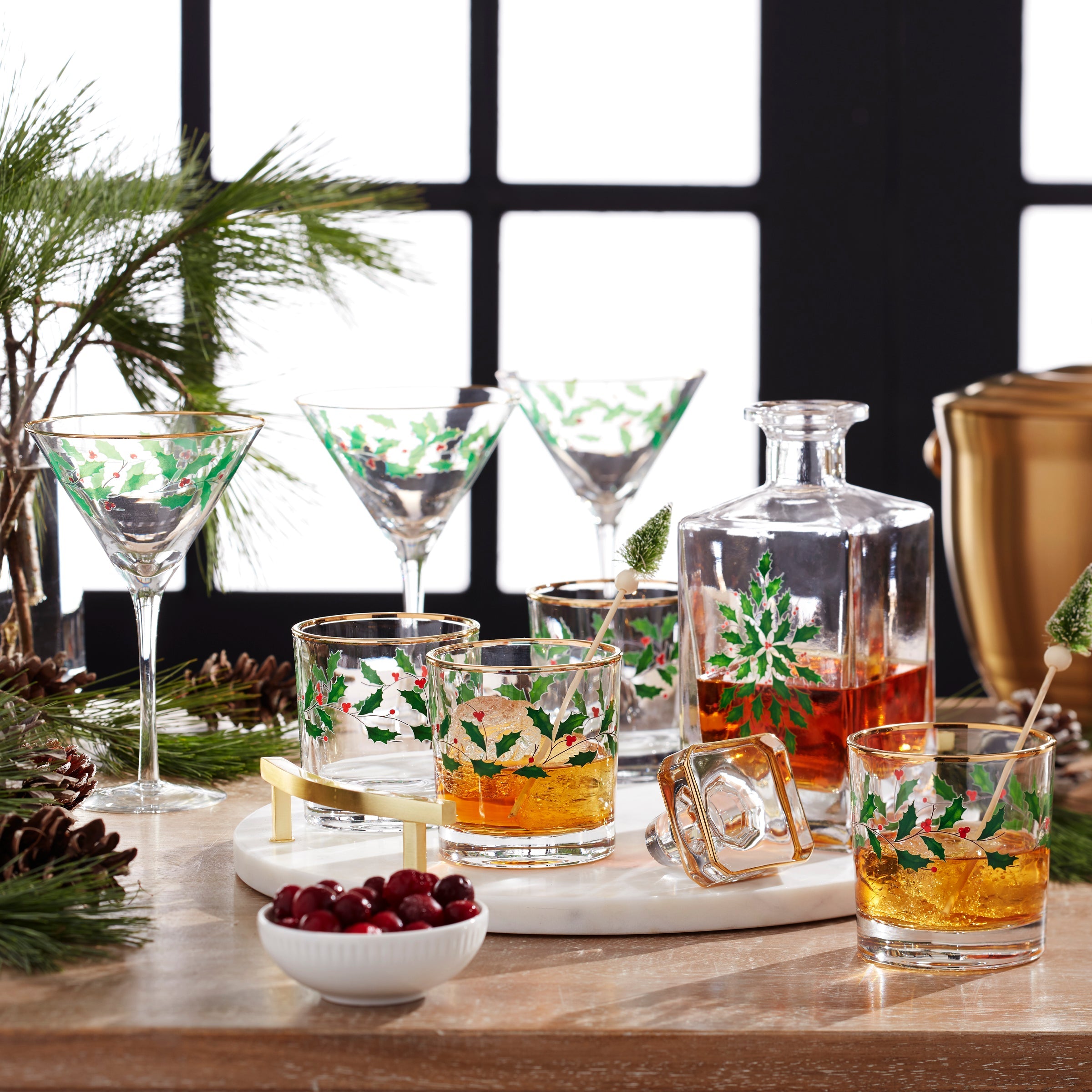 Holiday Holly & Berry Decanter and Whiskey Glass Set, 5-Piece - Image 3