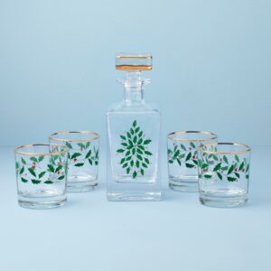 Holiday Holly & Berry Decanter and Whiskey Glass Set, 5-Piece