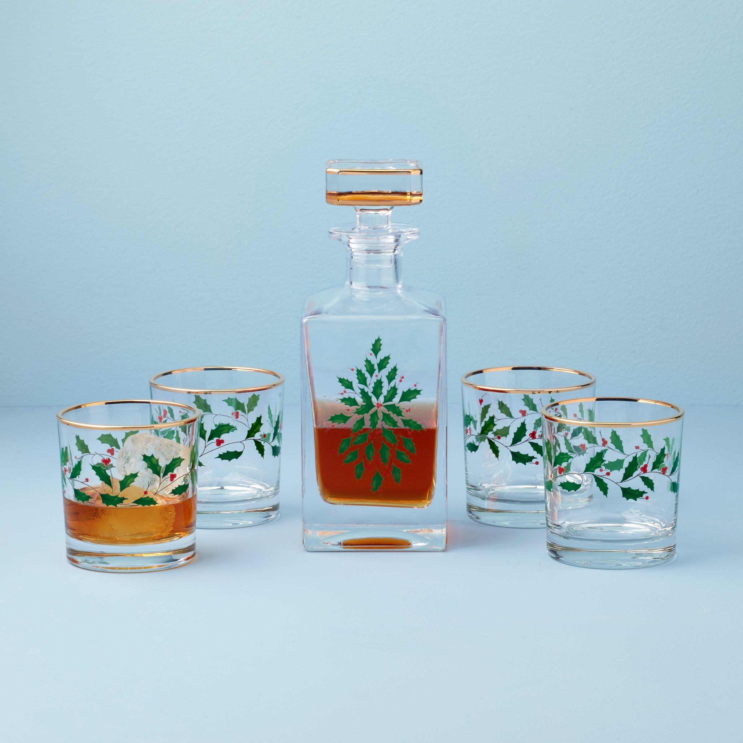 Holiday Holly & Berry Decanter and Whiskey Glass Set, 5-Piece - Image 2
