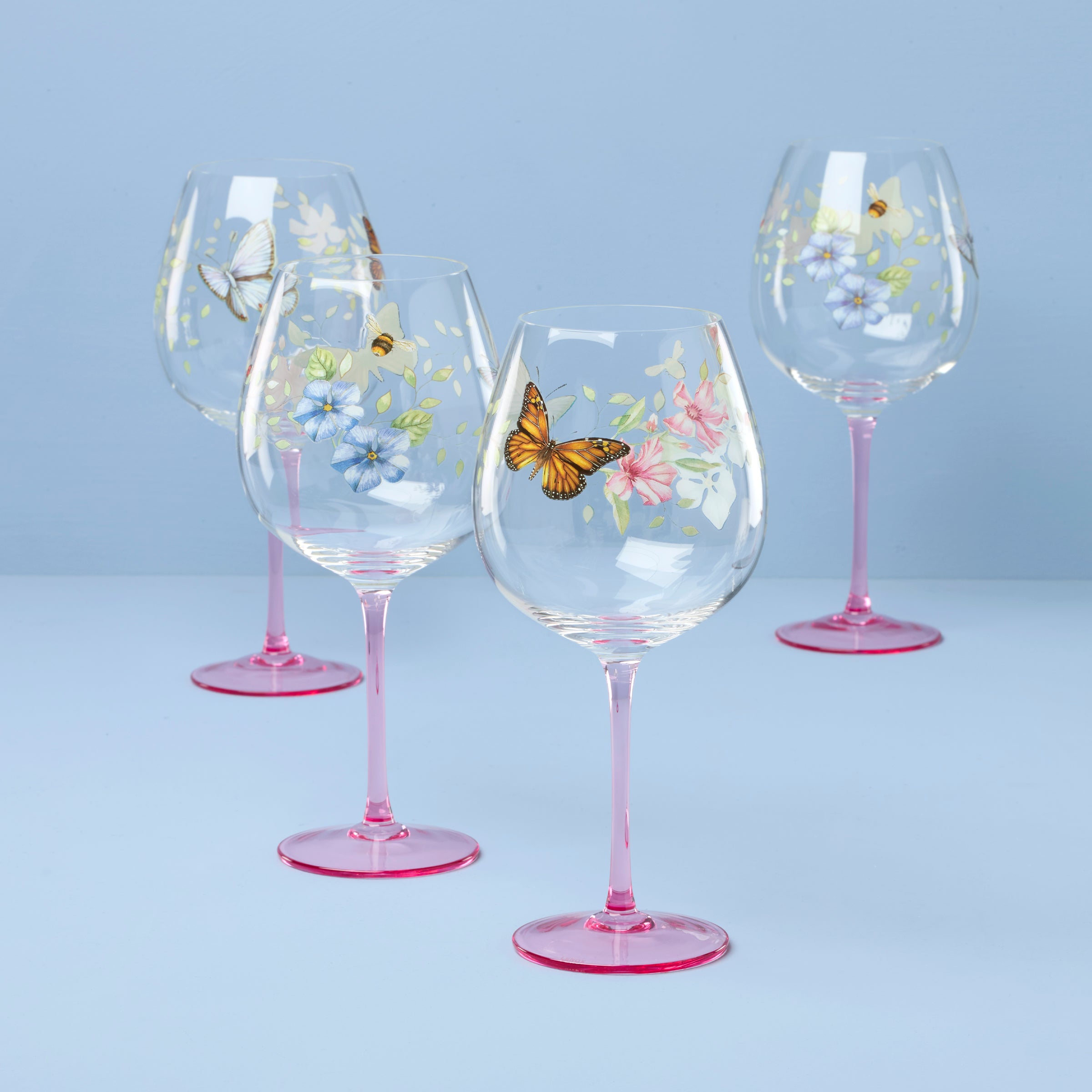 Pink Floral Balloon Wine Glasses - Set of 4