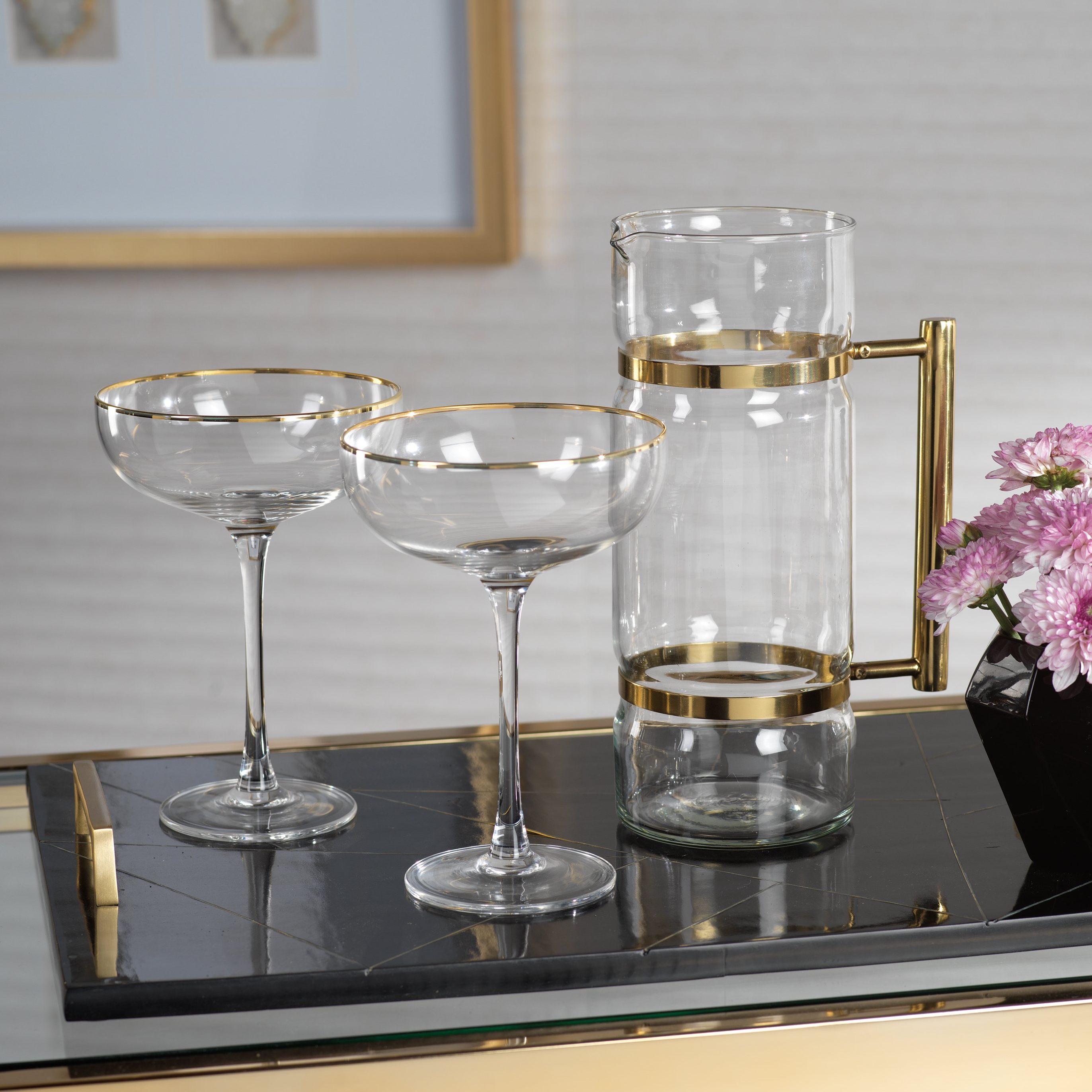 Gold Handle Embossed Glass Pitcher
