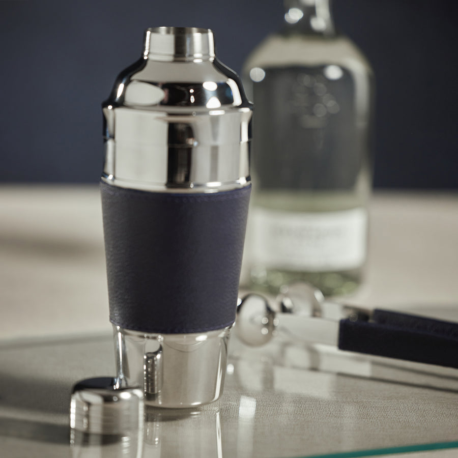 Nickel Cocktail Shaker with Navy Leather Band