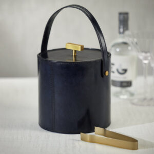 Blue Leather Ice Bucket with Gold Ice Tong