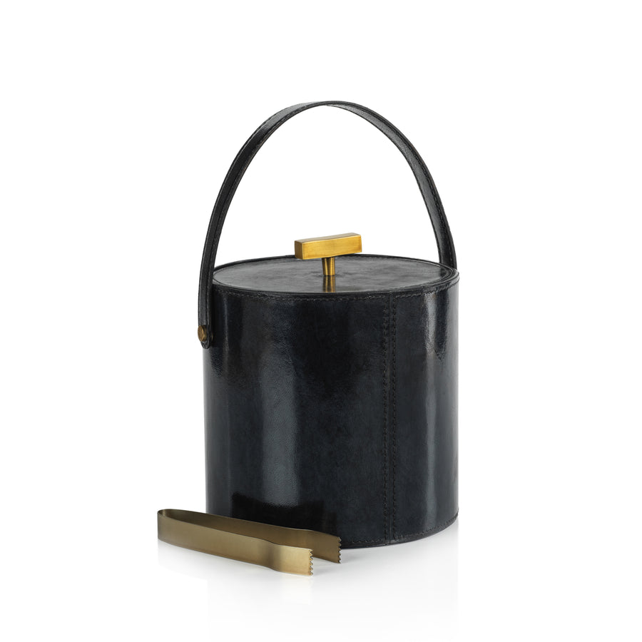 Blue Leather Ice Bucket with Gold Ice Tong - Image 3