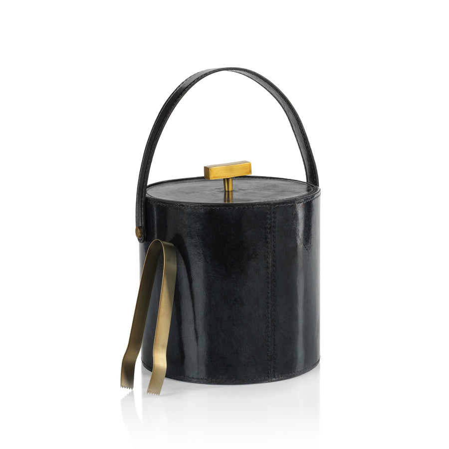 Blue Leather Ice Bucket with Gold Ice Tong - Image 2