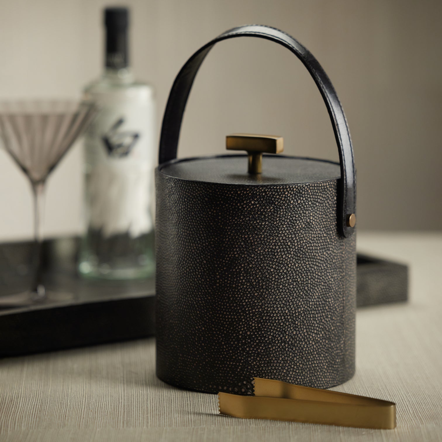 Shagreen Ice Bucket with Gold Ice Tong