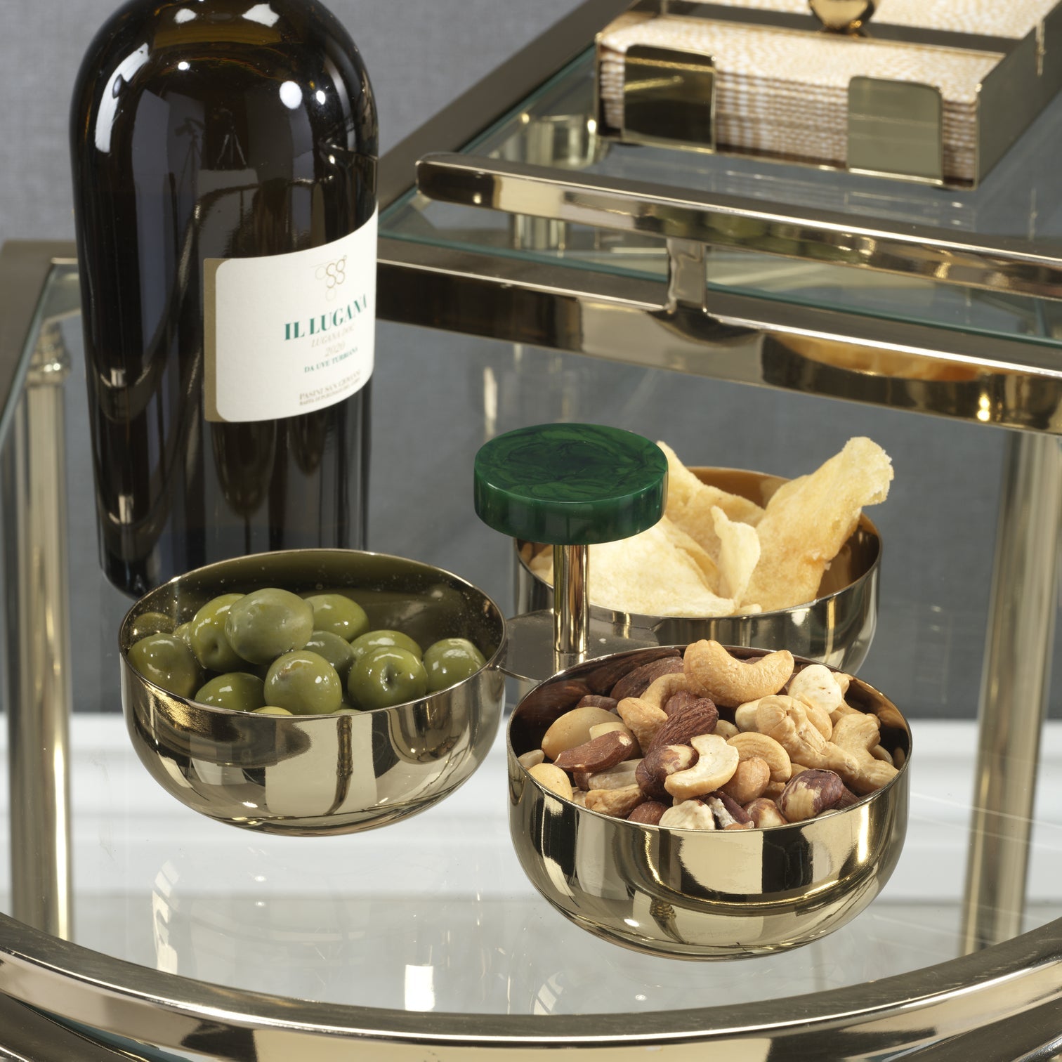 Gold 3-Bowl Condiment Set with Green Marble Handle