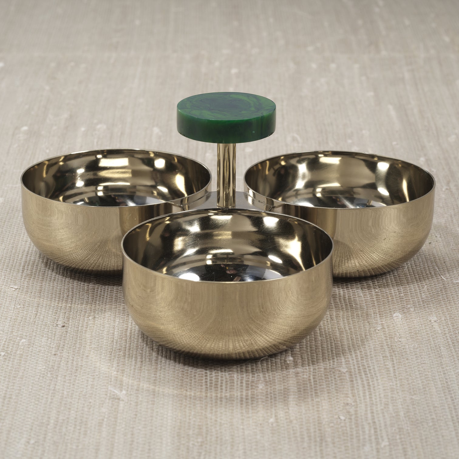 Gold 3-Bowl Condiment Set with Green Marble Handle - Image 3
