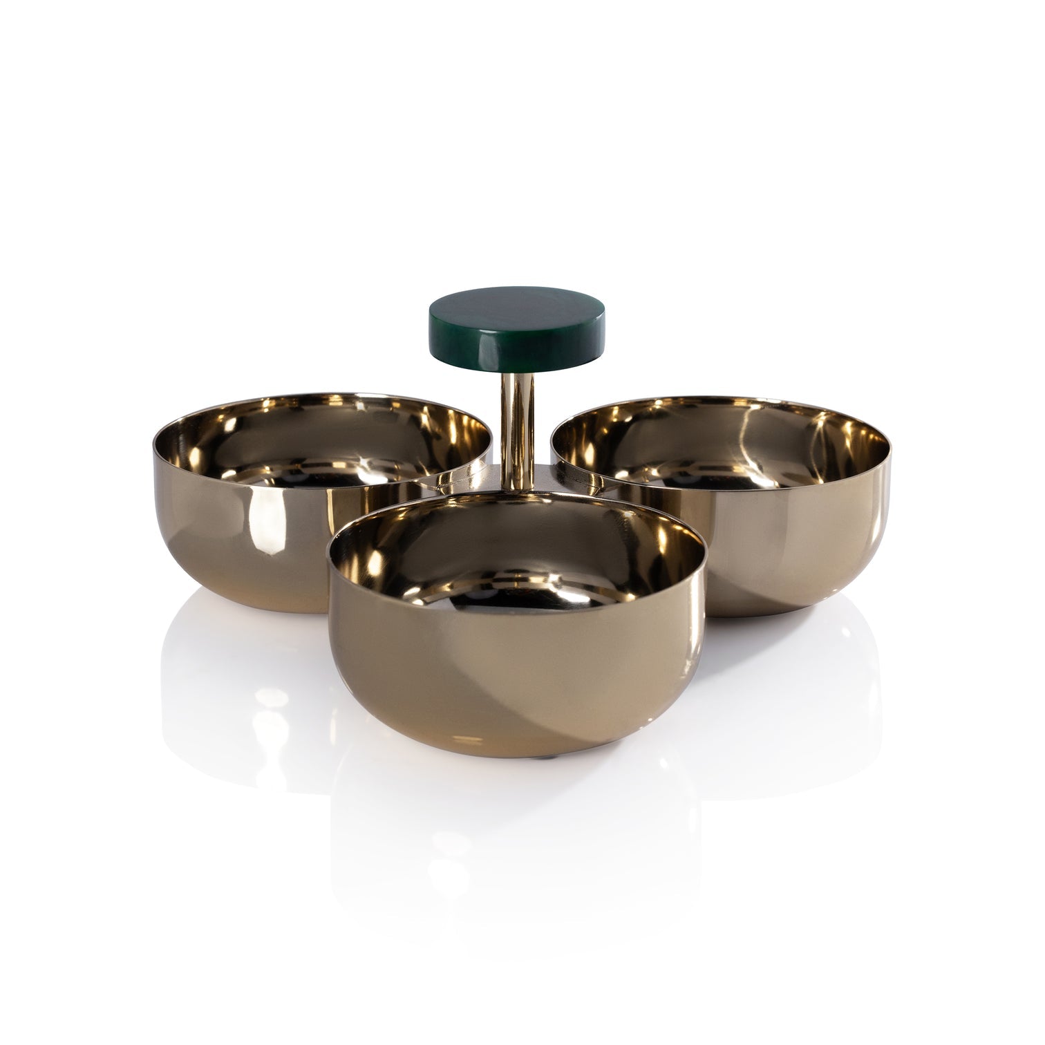 Gold 3-Bowl Condiment Set with Green Marble Handle - Image 2