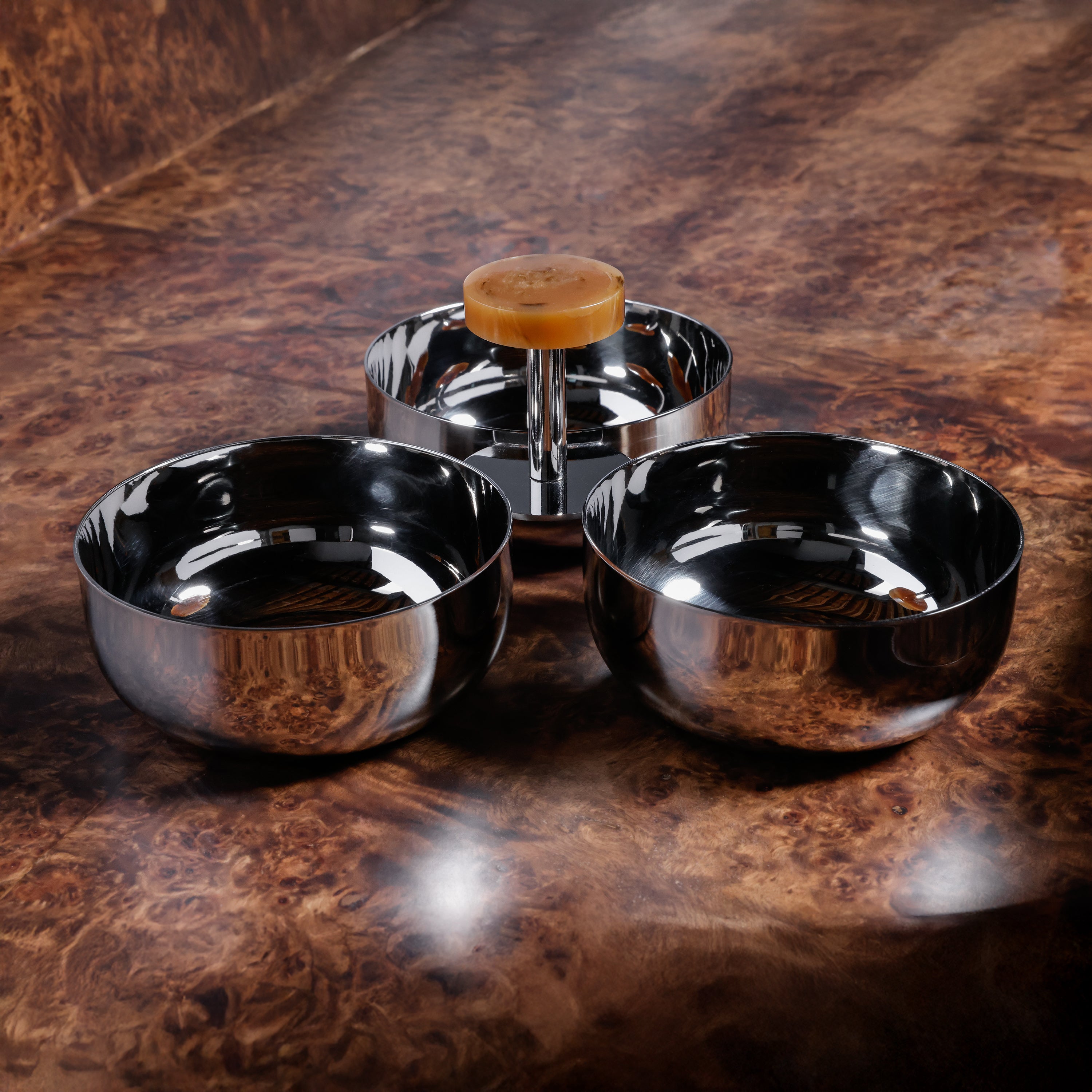 Nickel 3-Bowl Condiment Set with Amber Marble Handle