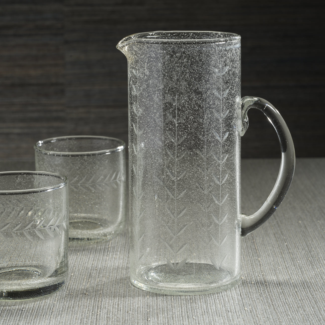 Hand-Etched Leaf Glass Pitcher