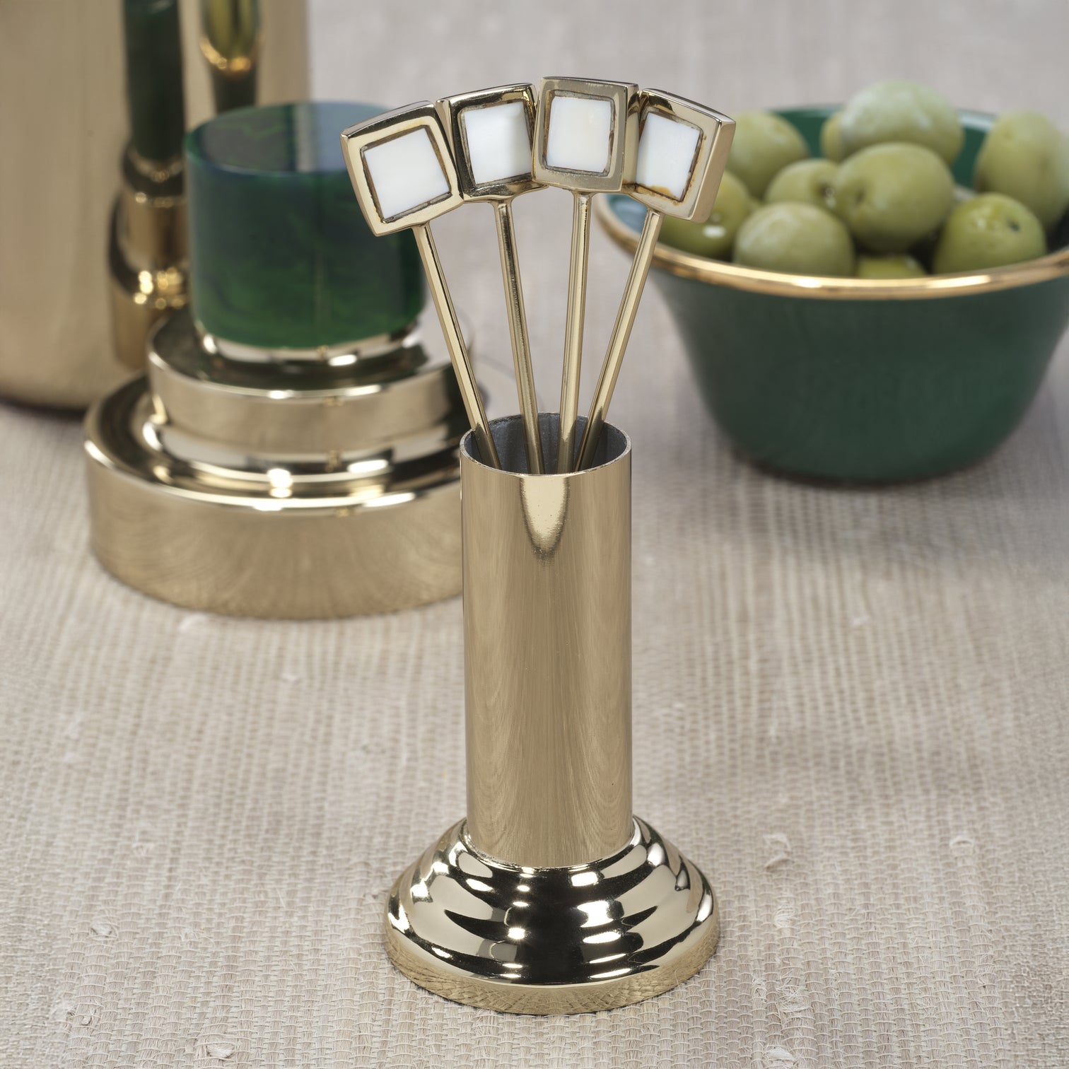 Gold Cocktail Picks with Stand Set of 4